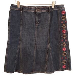 Bandolino Denim Skirt 10 Boho Embroidered Knee Length Fairy Coastal Cowgirl